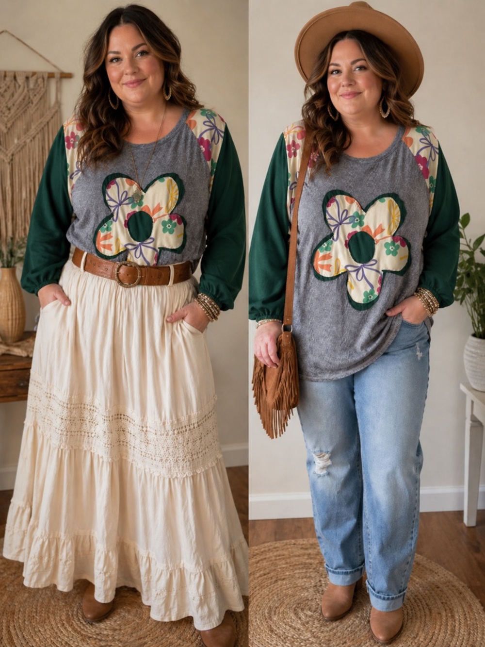 Celeste Long Sleeve Raglan Top in Gray and Forest Green with Floral Appliqué